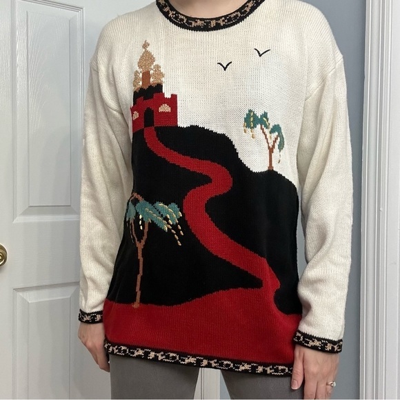Vintage Sweater Knit Castle Graphic 80s Casual Funky Casual Medieval Size Medium - Picture 1 of 7